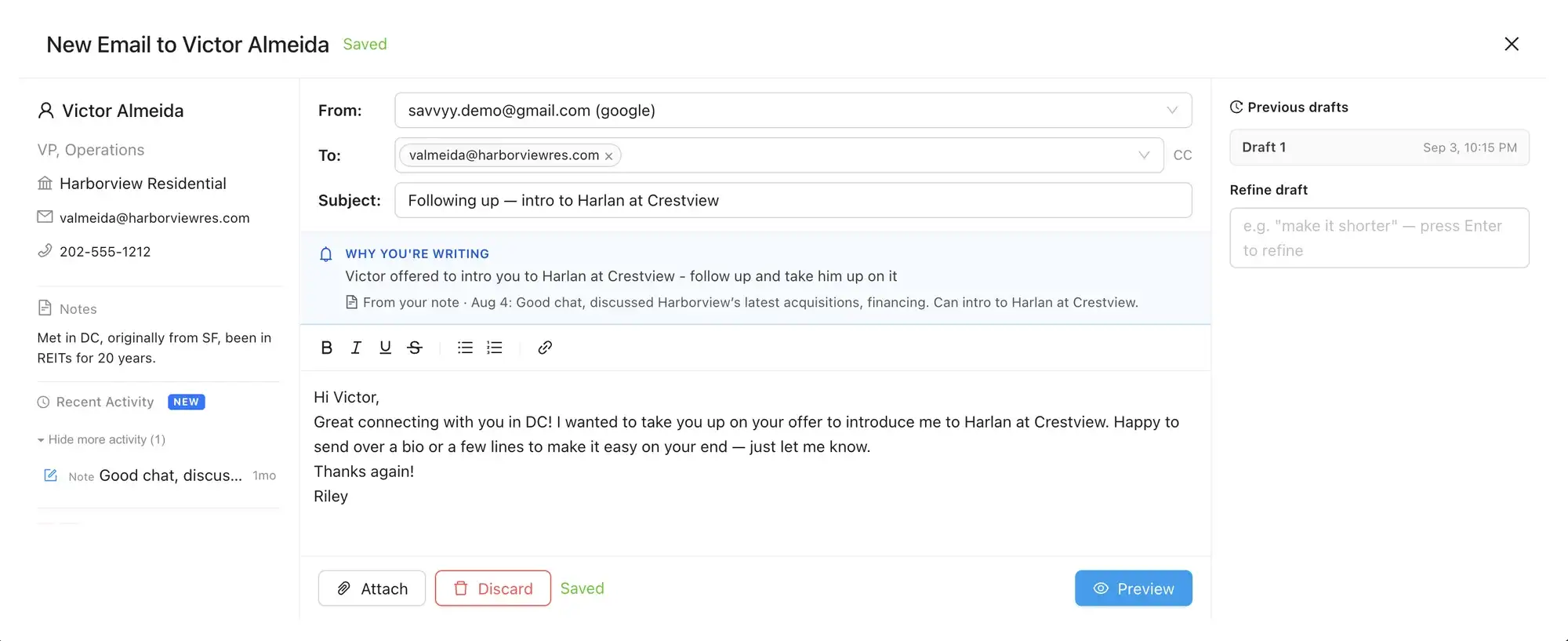 A new email to Victor Almeida in Savvyy: his notes and recent activity on the left, why you are writing across the top with the note it came from, the drafted message, a saved earlier draft, and a box to refine the draft