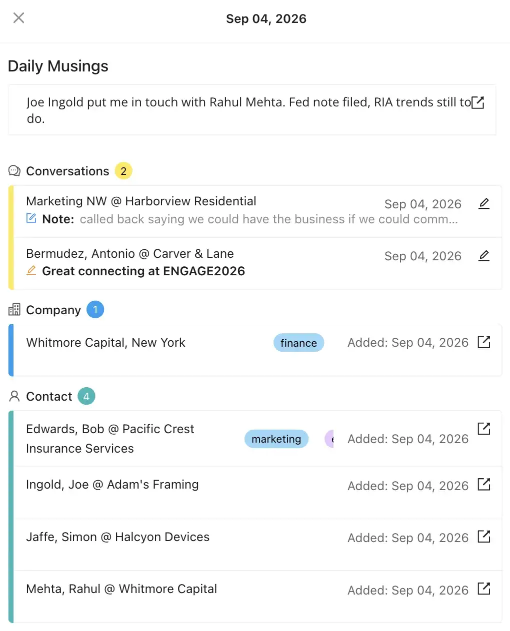 September 4 opened on the web: the diary line, then that day's two conversations, one company and four contacts, each dated
