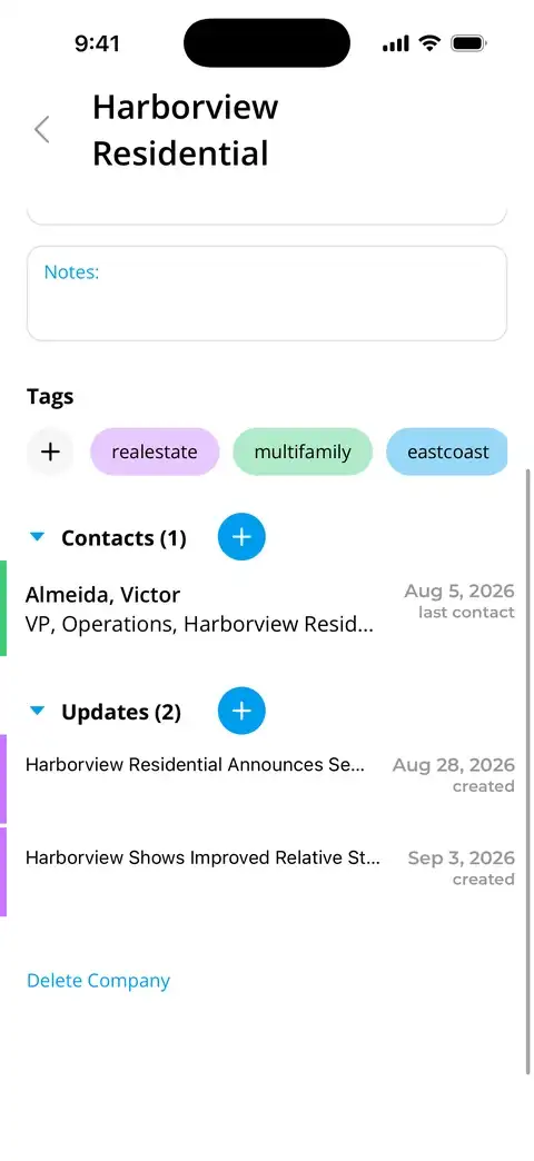Harborview Residential's record on iPhone: its tags, the one contact you know there, and two dated updates about the firm
