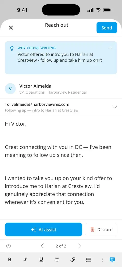 Writing to Victor Almeida on iPhone: why you are writing at the top, his name and company, and the assistant's draft of the email beneath