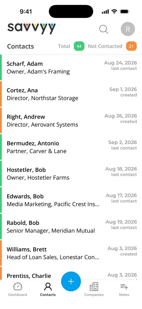 The contact list on iPhone, with the date each person was last contacted