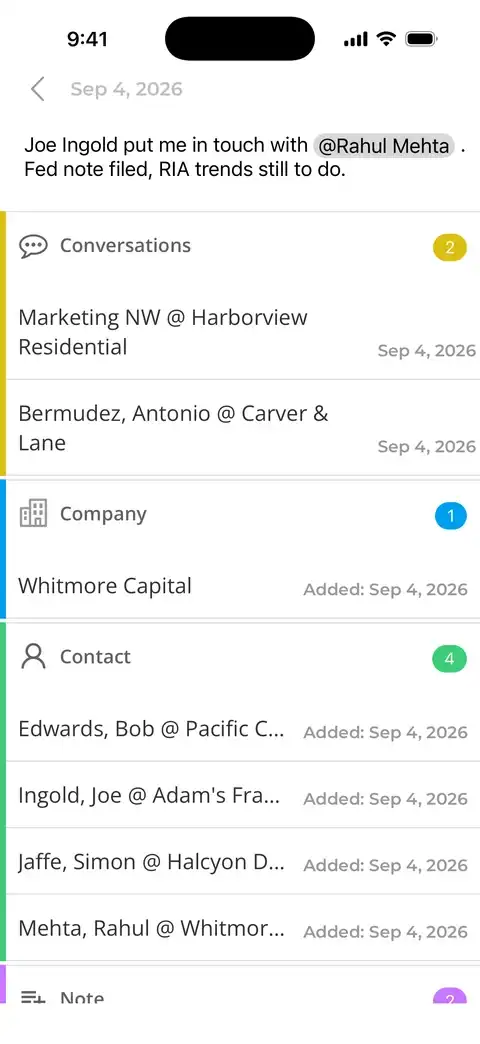 One day opened, September 4: the diary line, then the two conversations, the company and the four contacts from that day