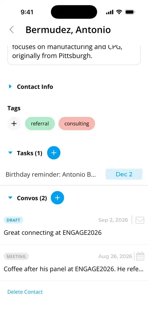 The rest of the same record: tags, a reminder, and two logged conversations