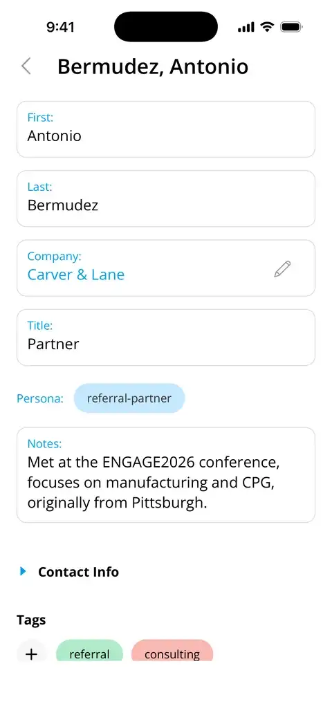 The top of a contact's record on iPhone: company, title, persona and the note about how you met