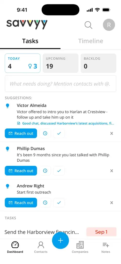 Savvyy on iPhone: today's suggestions, each naming the person it concerns