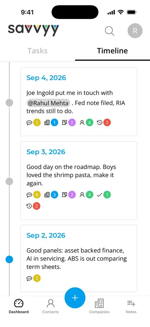 The Timeline on iPhone: a card for each day, naming the people who were part of it