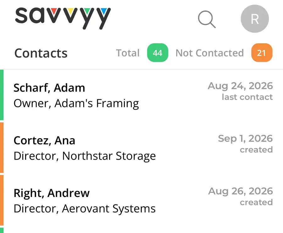 The Savvyy contact list on iPhone, showing when each person was last contacted