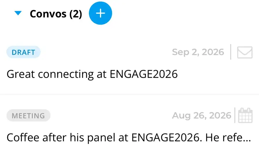 Tasks and conversations on a contact's record: a draft email and a logged meeting