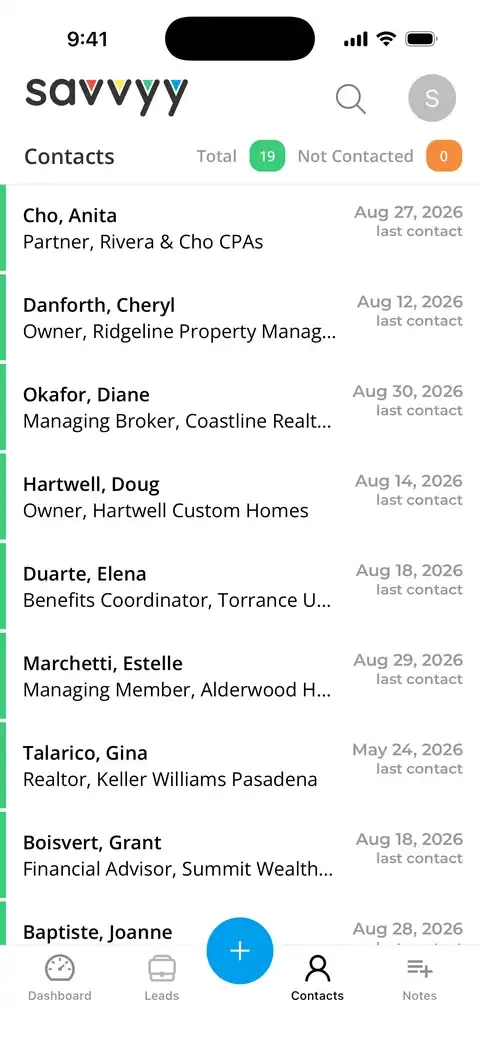 The contacts list on iPhone, with the date of the last contact beside each name
