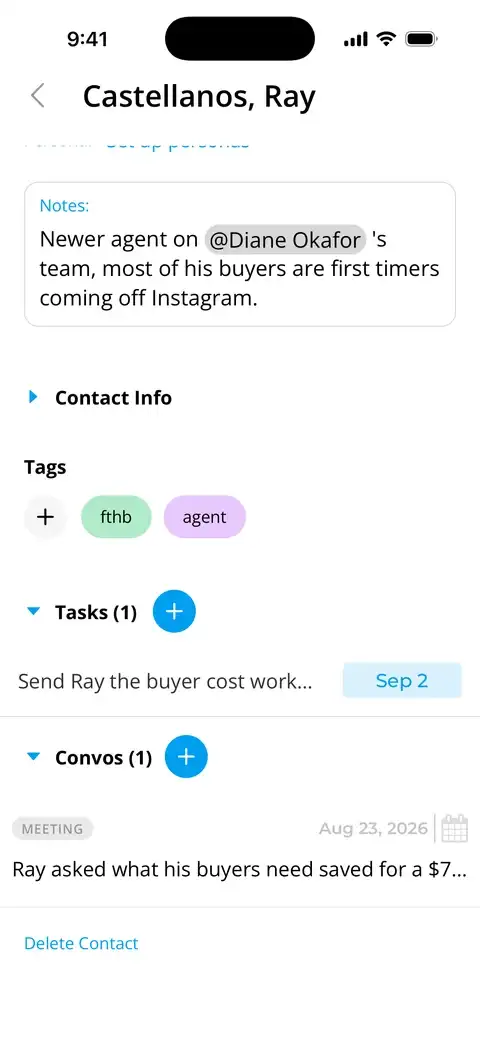 Ray Castellanos's record on iPhone: a note with a mention, and his tags