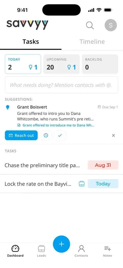 Savvyy on iPhone: today's tasks