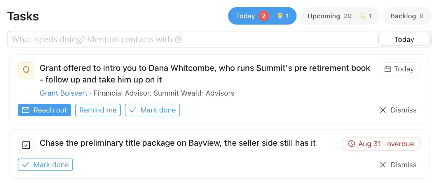 The Tasks panel: today, upcoming, backlog